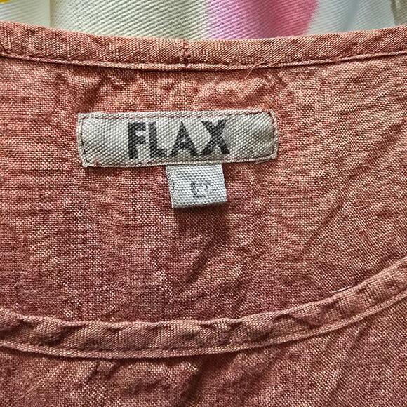 Flax 100% linen rust burnt orange shift mini dress tunic pockets 3/4 sleeve L - Picture 2 of 10